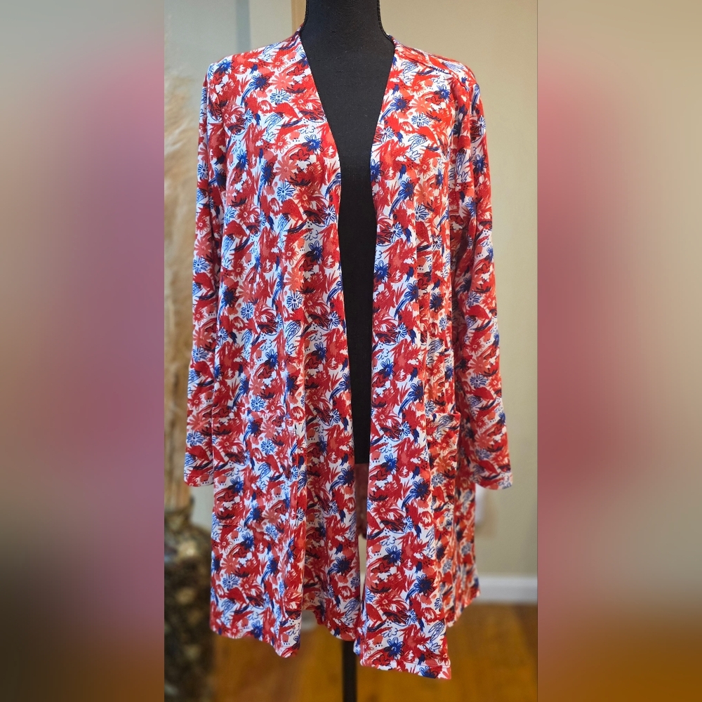 LuLaRoe Caroline Red and Blue Floral Cardigan